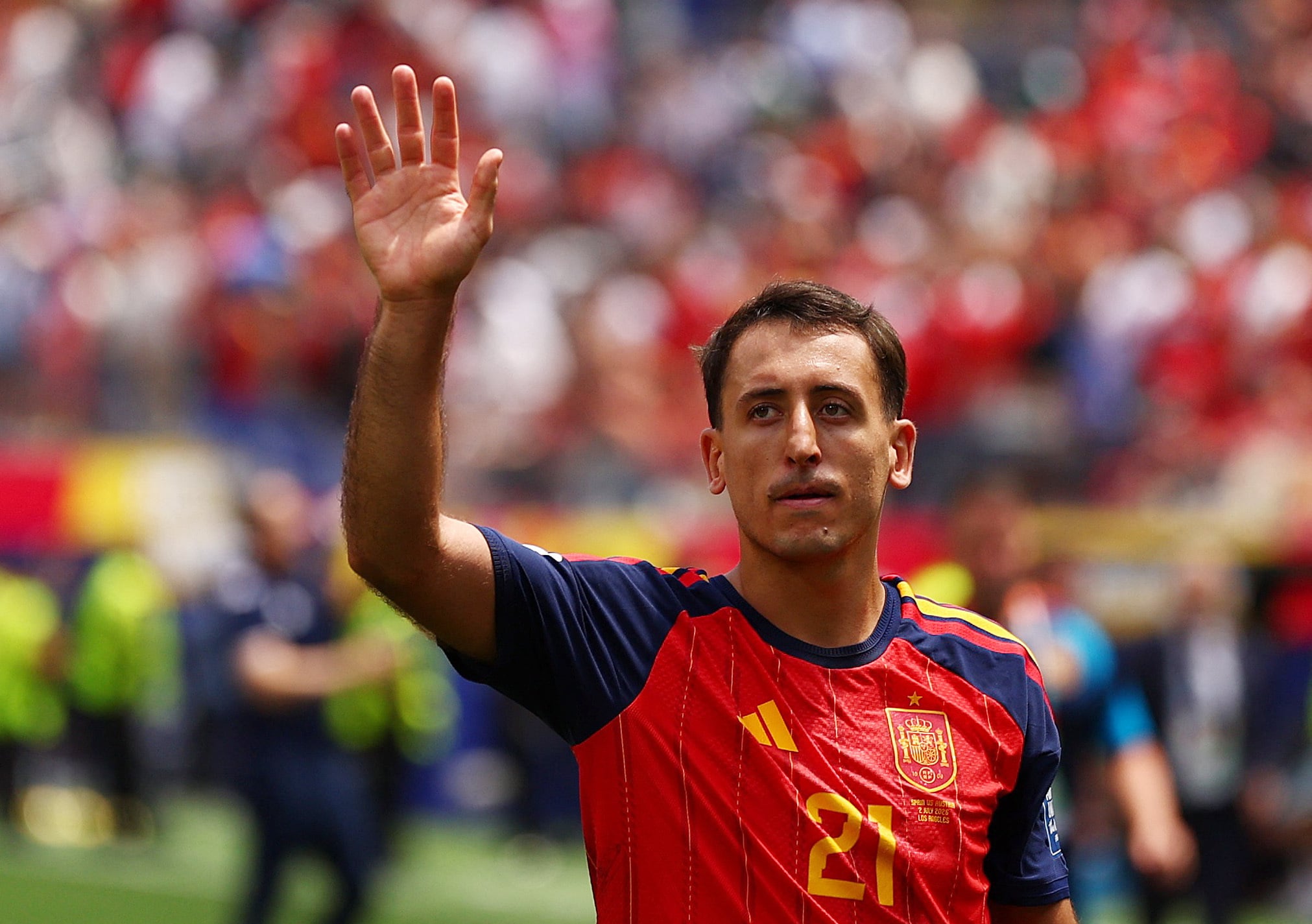 July 2, 2026; Inglewood, California, U.S.; Spain's Mikel Oyarzabal celebrates after the match. Mandatory Credit: Jessie Alcheh-Imagn Images