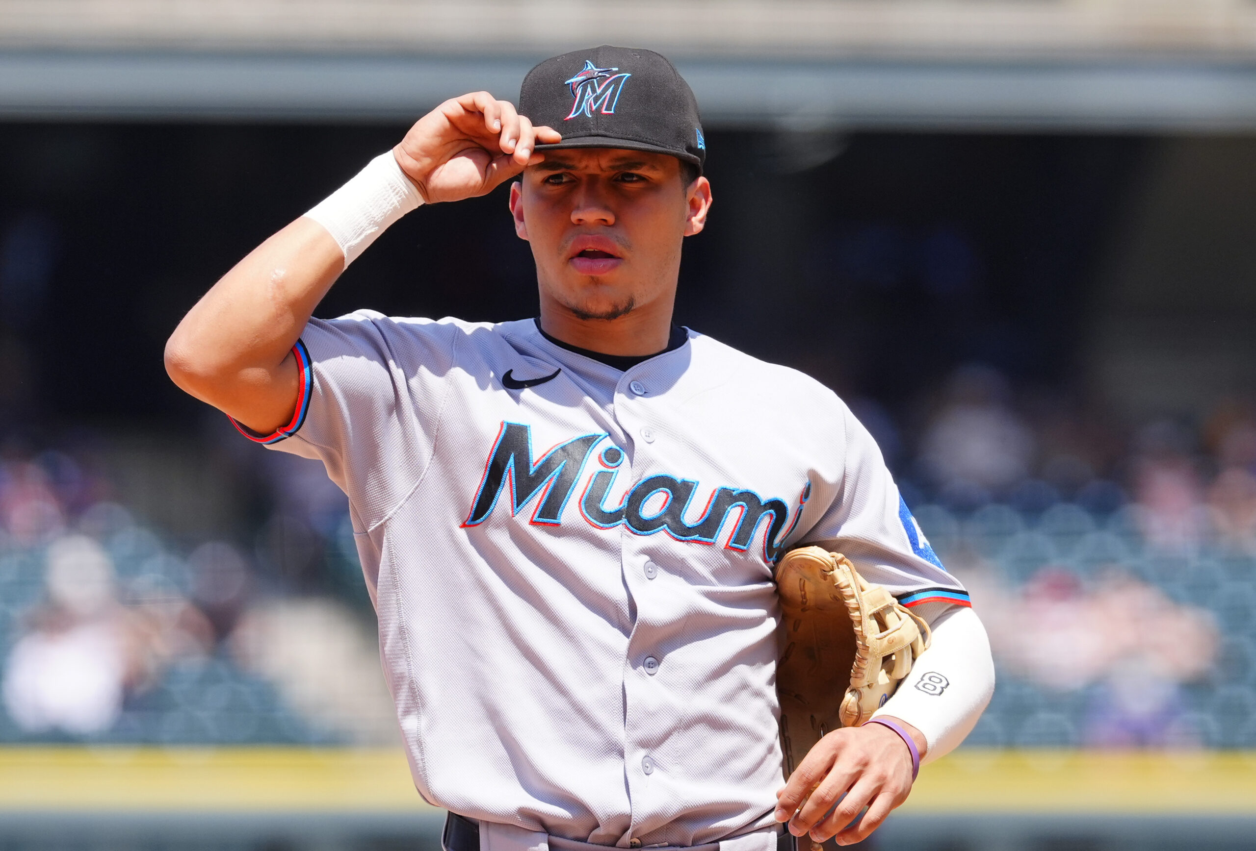 Jul 2, 2026; Denver, Colorado, USA; Miami Marlins third baseman Javier Sanoja (8) during the fourth inning against the Colorado Rockies at Coors Field. Mandatory Credit: Ron Chenoy-Imagn Images