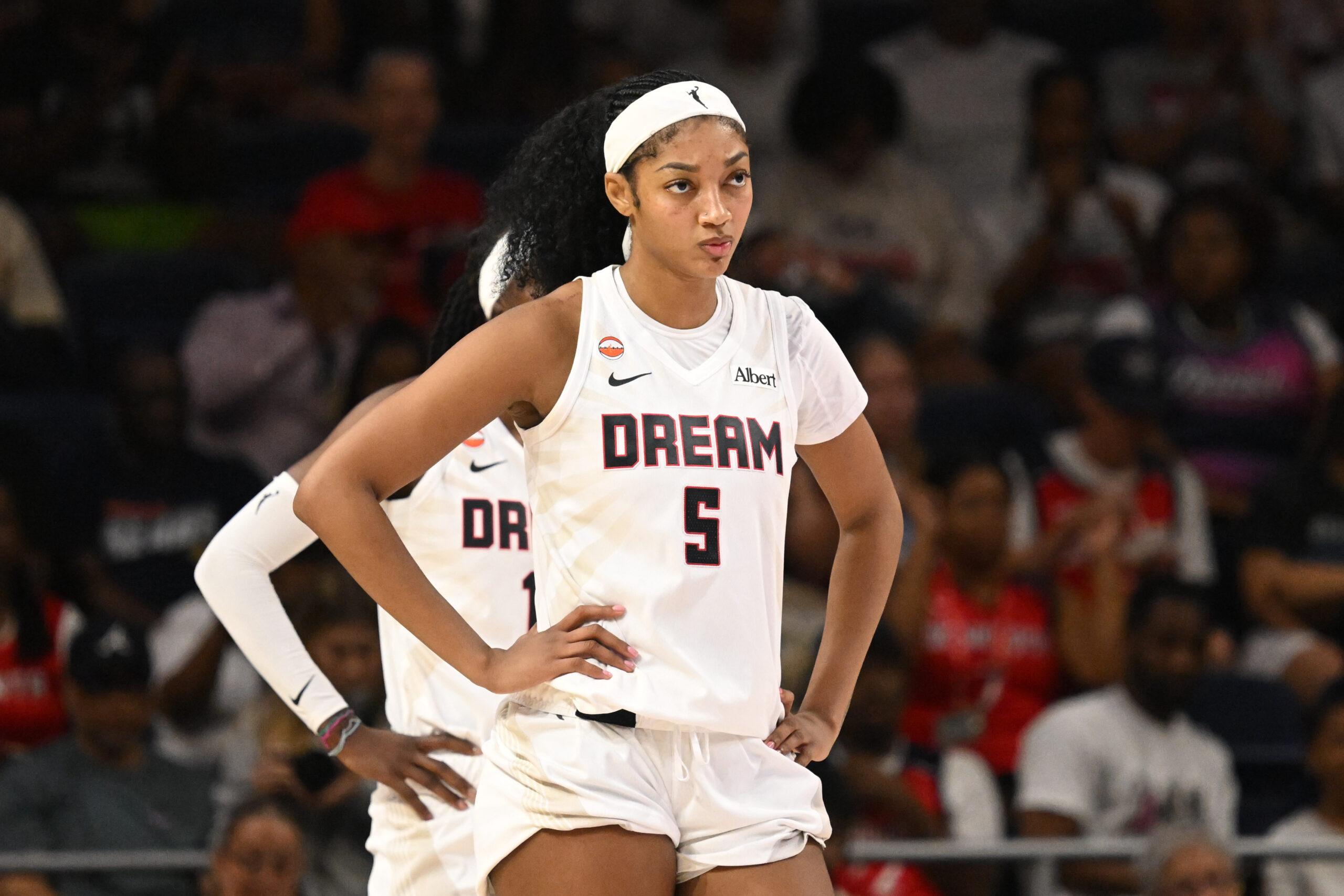 Jul 2, 2026; Washington, District of Columbia, USA; Atlanta Dream forward Angel Reese (5) waits for play to start against the Washington Mystics during the third quarter at CareFirst Arena. Mandatory Credit: Rafael Suanes-Imagn Images
