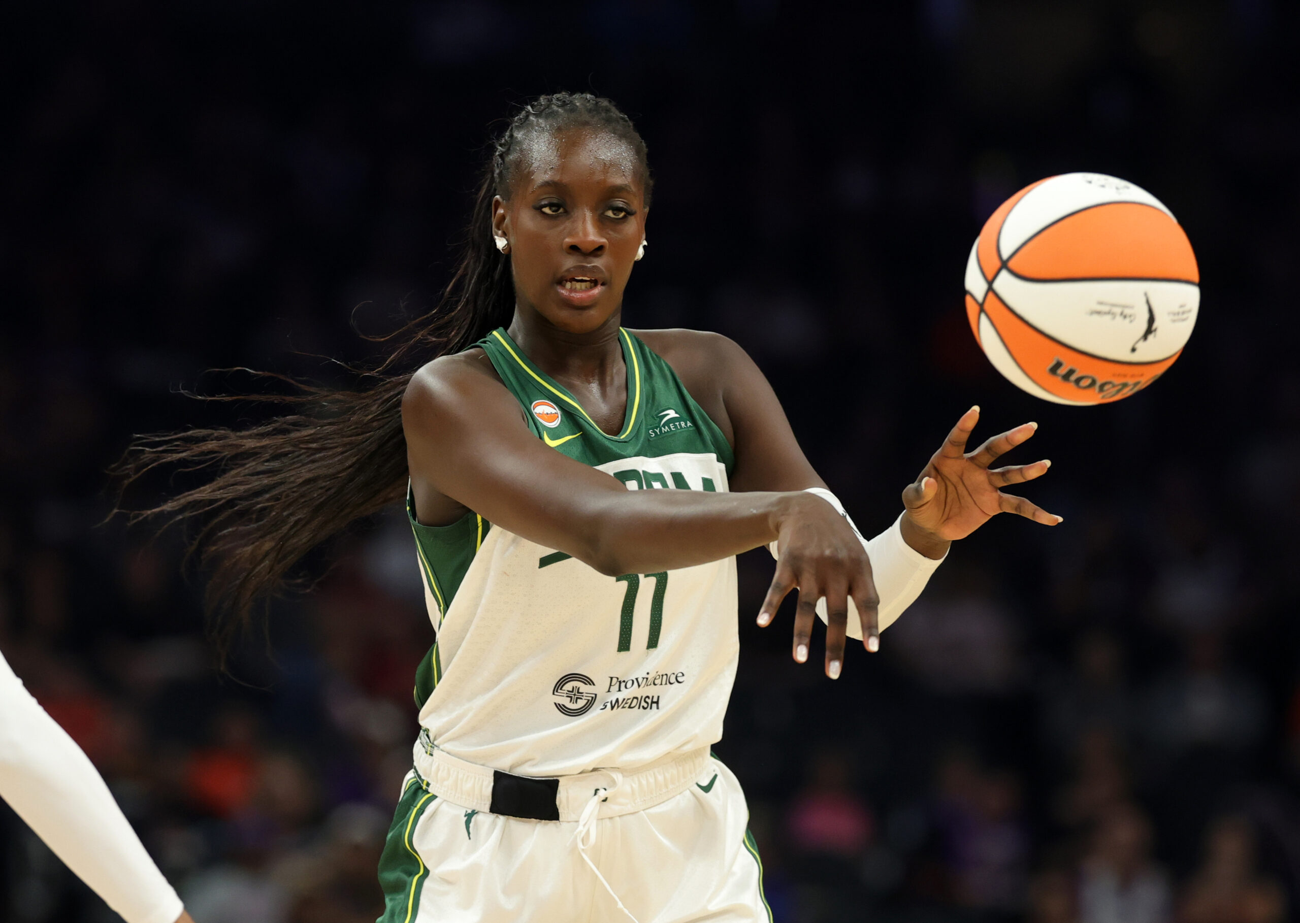 Jul 2, 2026; Phoenix, Arizona, USA; Seattle Storm center Awa Fam (11) against the Phoenix Mercury at Mortgage Matchup Center. Mandatory Credit: Mark J. Rebilas-Imagn Images