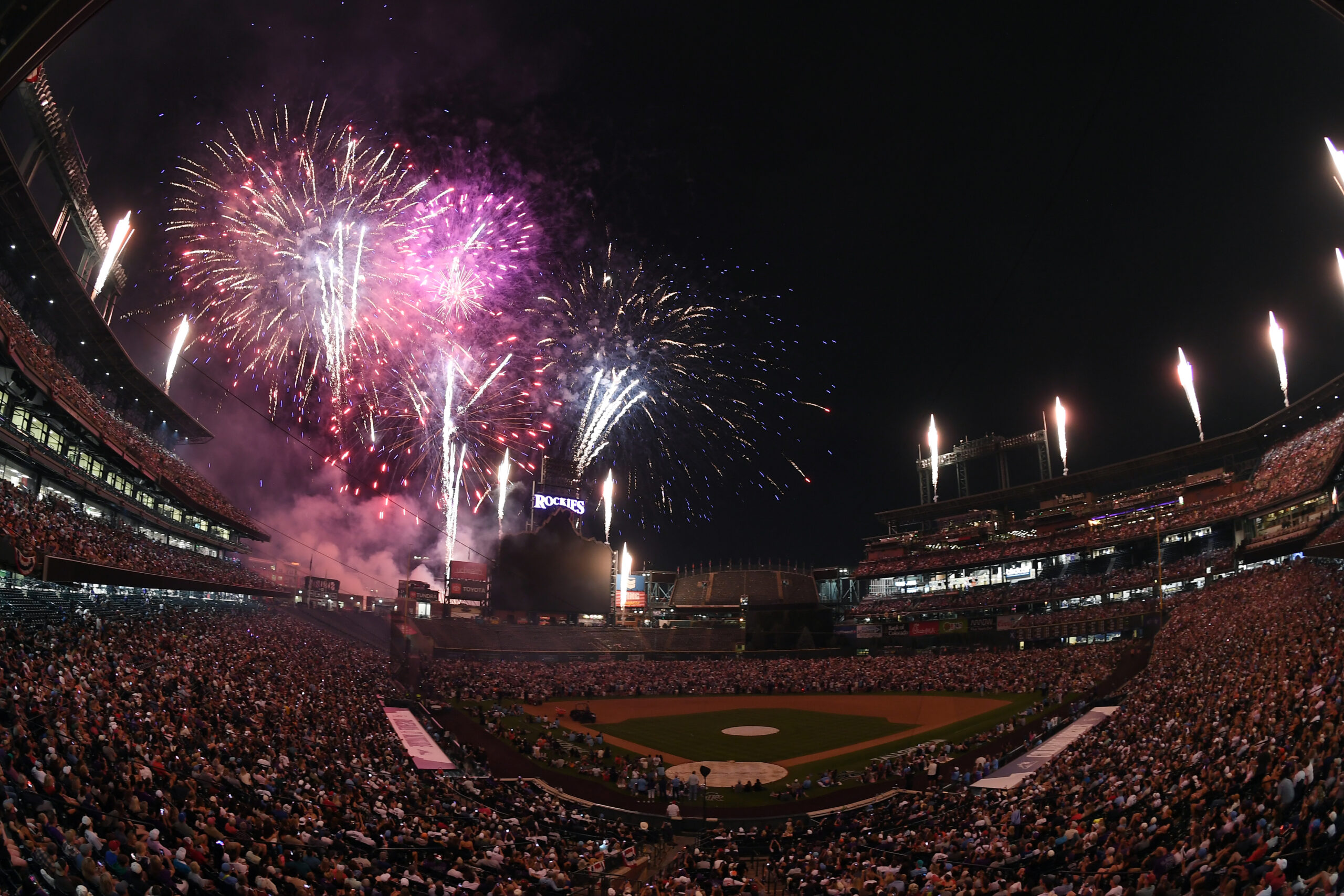 Jul 3, 2026; Denver, Colorado, USA; Fireworks explode over Coors Field after the Colorado Rockies win against the San Francisco Giants. Mandatory Credit: Christopher Hanewinckel-Imagn Images