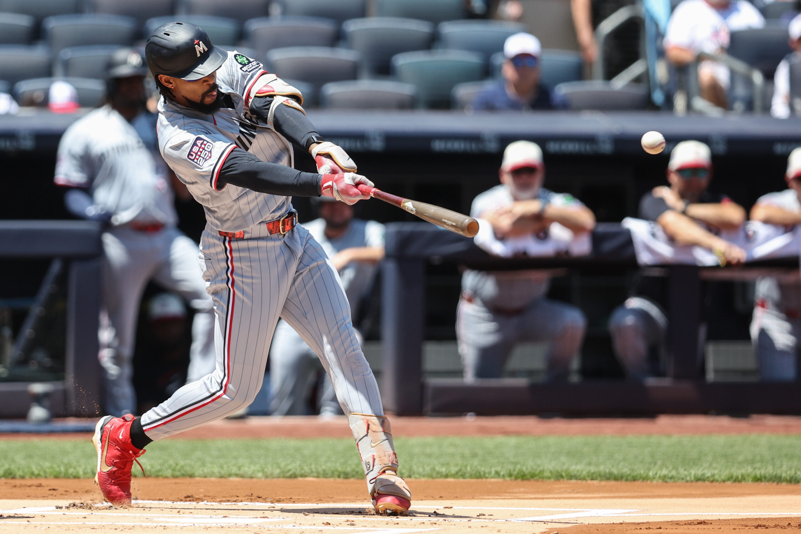 Jul 4, 2026; Bronx, New York, USA;  Minnesota Twins center fielder Byron Buxton (25) hits an RBI double in the first inning against the New York Yankees at Yankee Stadium. Mandatory Credit: Wendell Cruz-Imagn Images