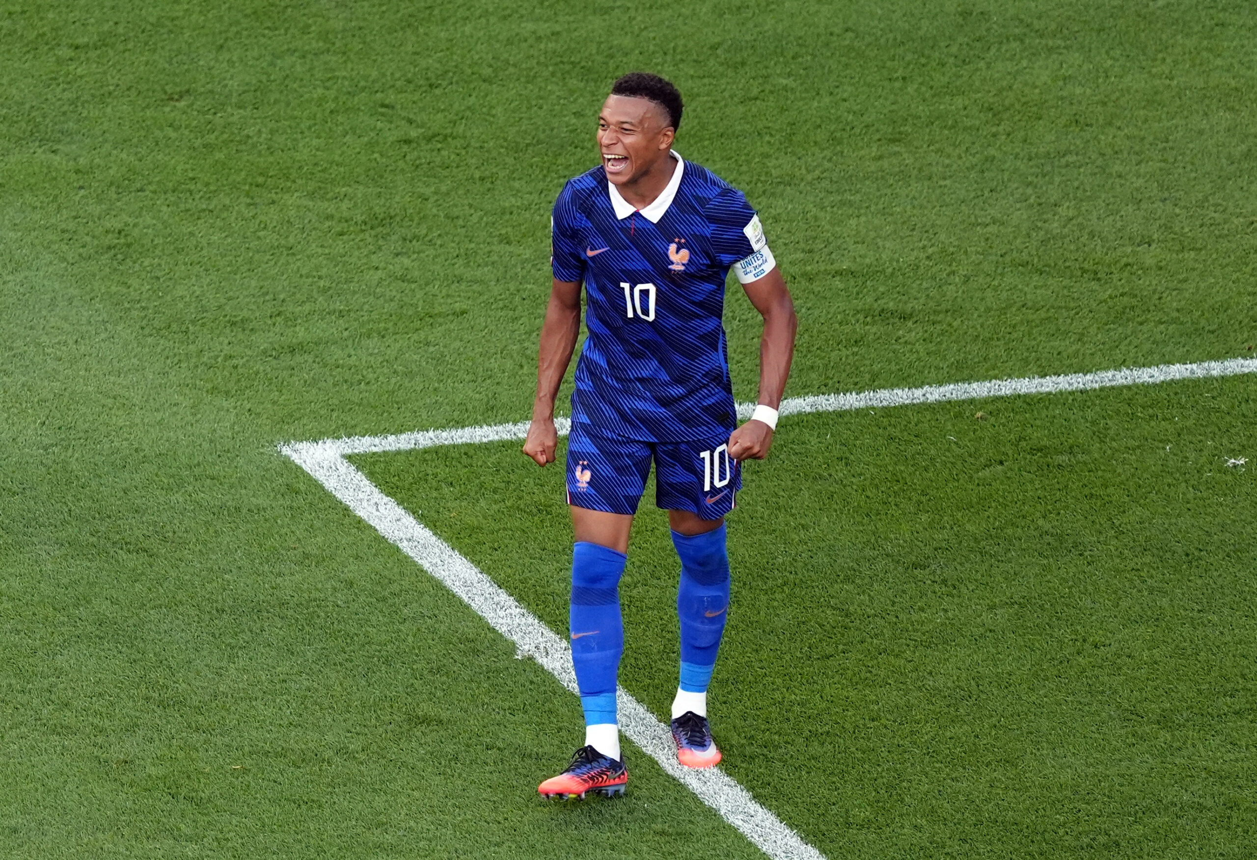 July 4, 2026; Philadelphia, Pennsylvania, U.S.; France's Kylian Mbappe celebrates after the match.  Mandatory Credit: Kyle Ross-Imagn Images