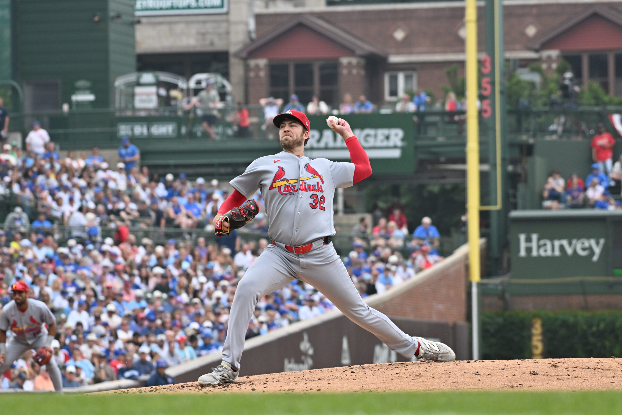 Jul 5, 2026; Chicago, Illinois, USA; St. Louis Cardinals pitcher Matthew Liberatore (32) pitches against the Chicago Cubs during the first inning at Wrigley Field. Mandatory Credit: Patrick Gorski-Imagn Images