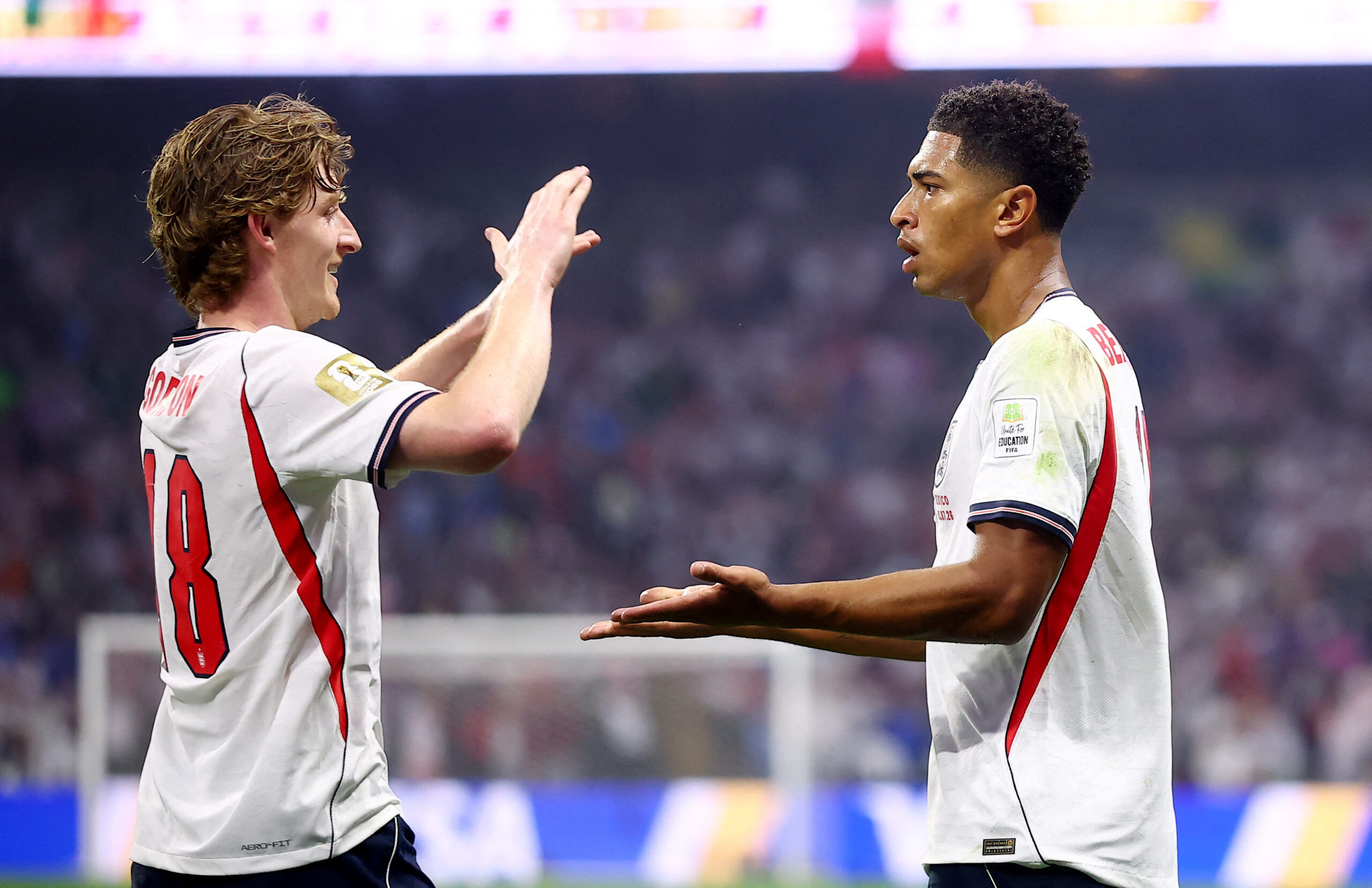 July 5, 2026; Mexico City, Mexico; England's Jude Bellingham celebrates scoring their first goal with Anthony Gordon.  Mandatory Credit: Eloisa Sanchez-Reuters via Imagn Images