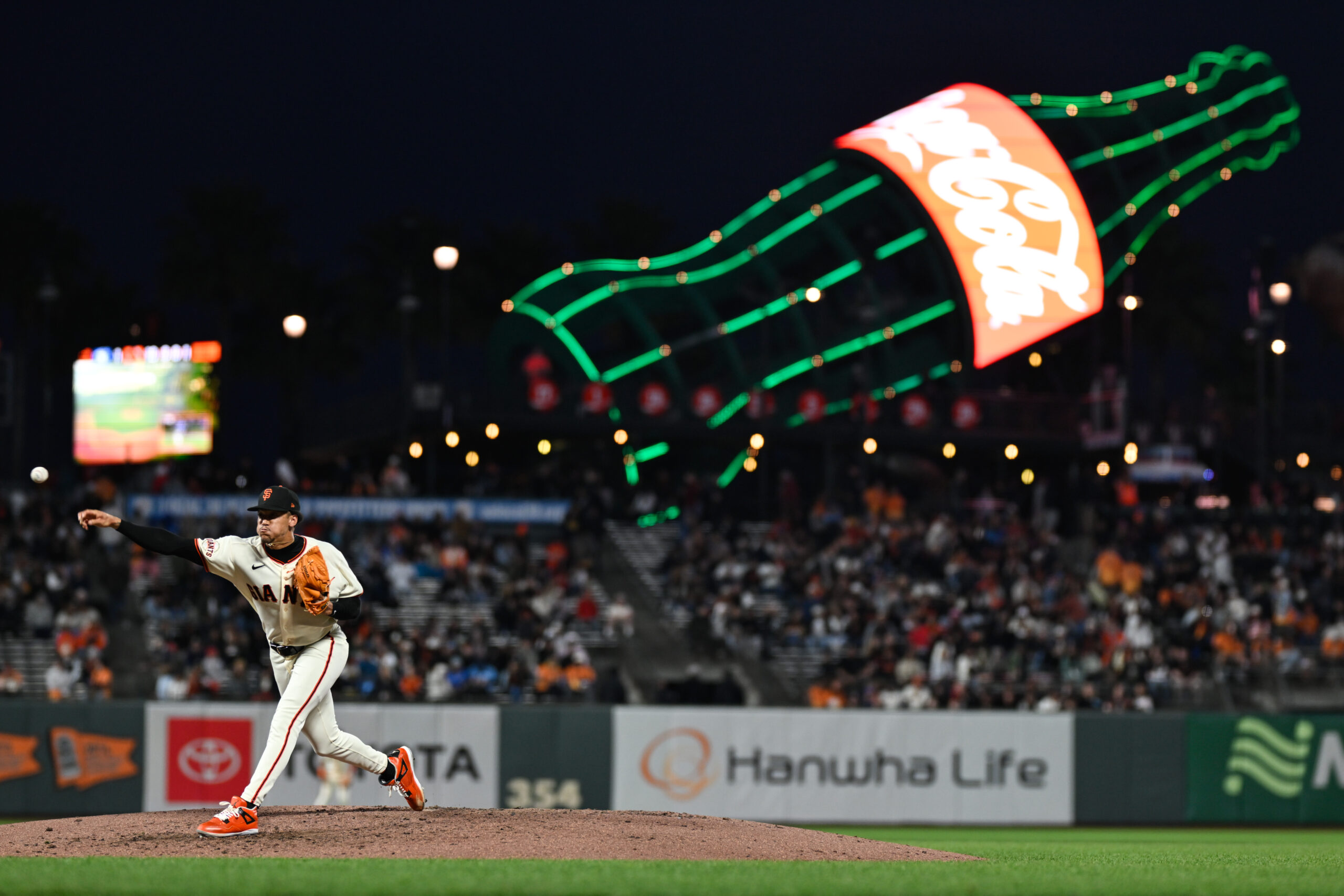 Jul 6, 2026; San Francisco, California, USA; San Francisco Giants pitcher Spencer Bivens (76) throws against the Toronto Blue Jays in the ninth inning at Oracle Park. Mandatory Credit: Eakin Howard-Imagn Images