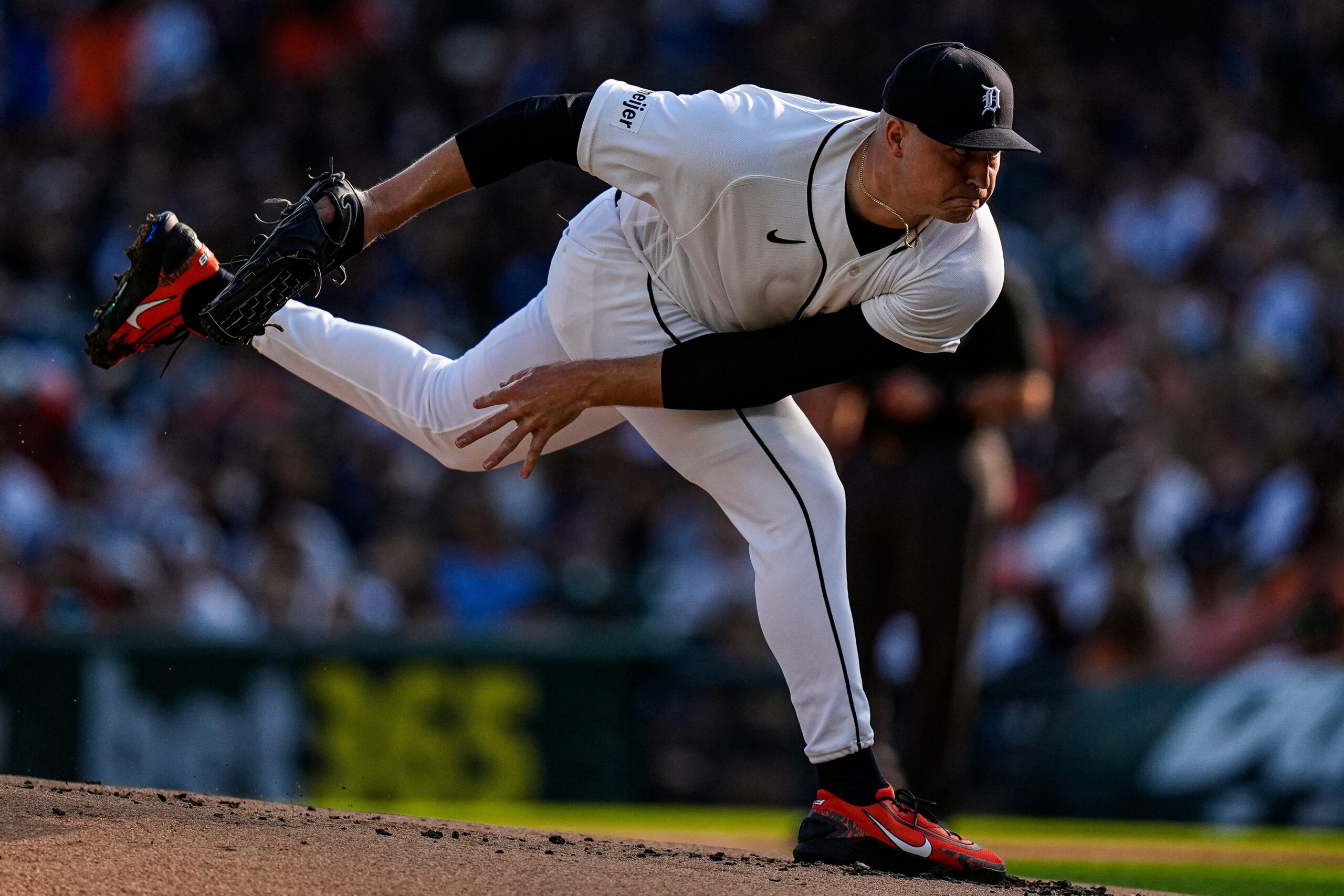 Detroit Tigers pitcher Tarik Skubal (29) throws against Athletics during the first inning at Comerica Park in Detroit on Tuesday, July 7, 2026.