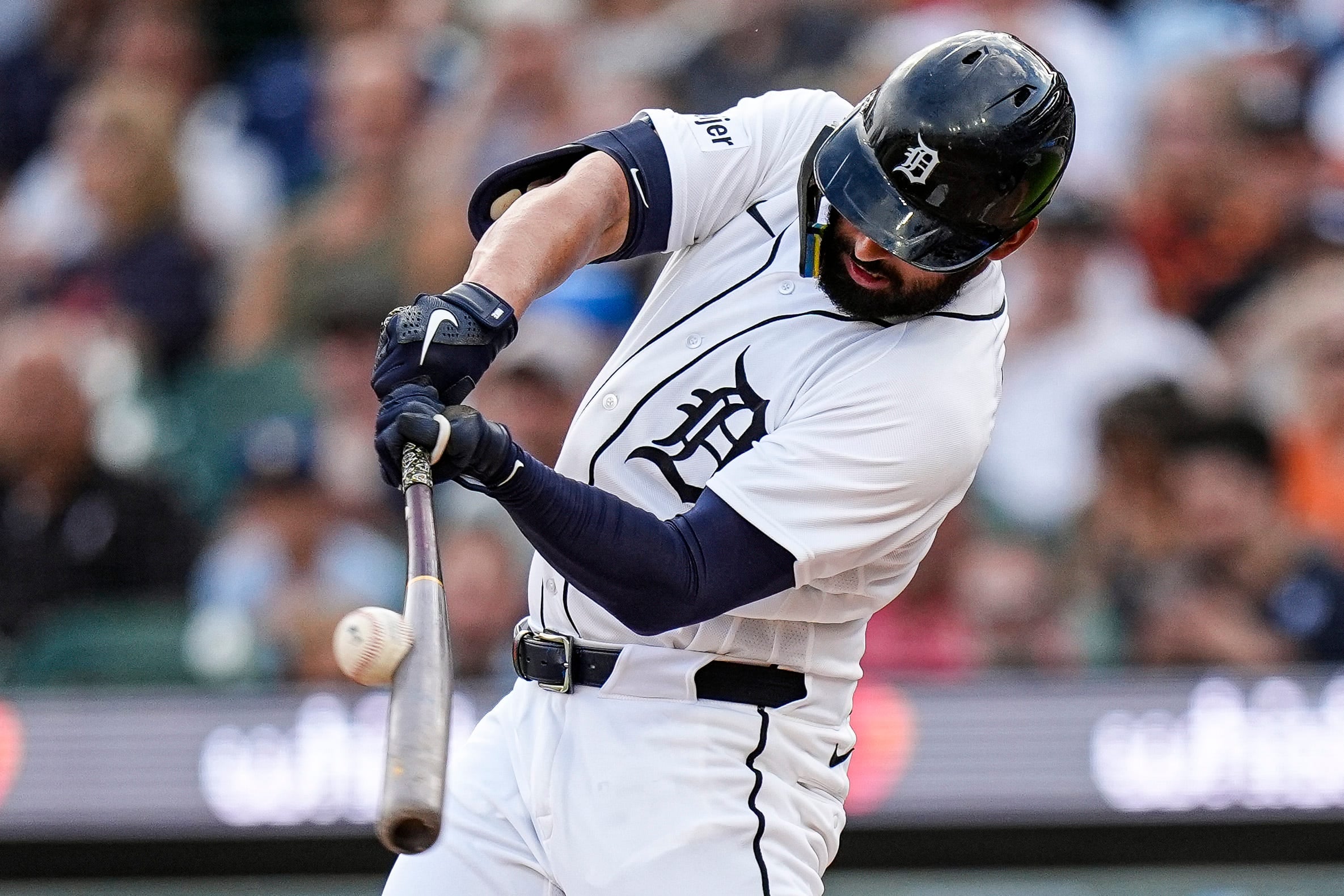 Detroit Tigers left fielder Riley Greene (31) bats against the Athletics during the first inning at Comerica Park in Detroit on Wednesday, July 8, 2026.