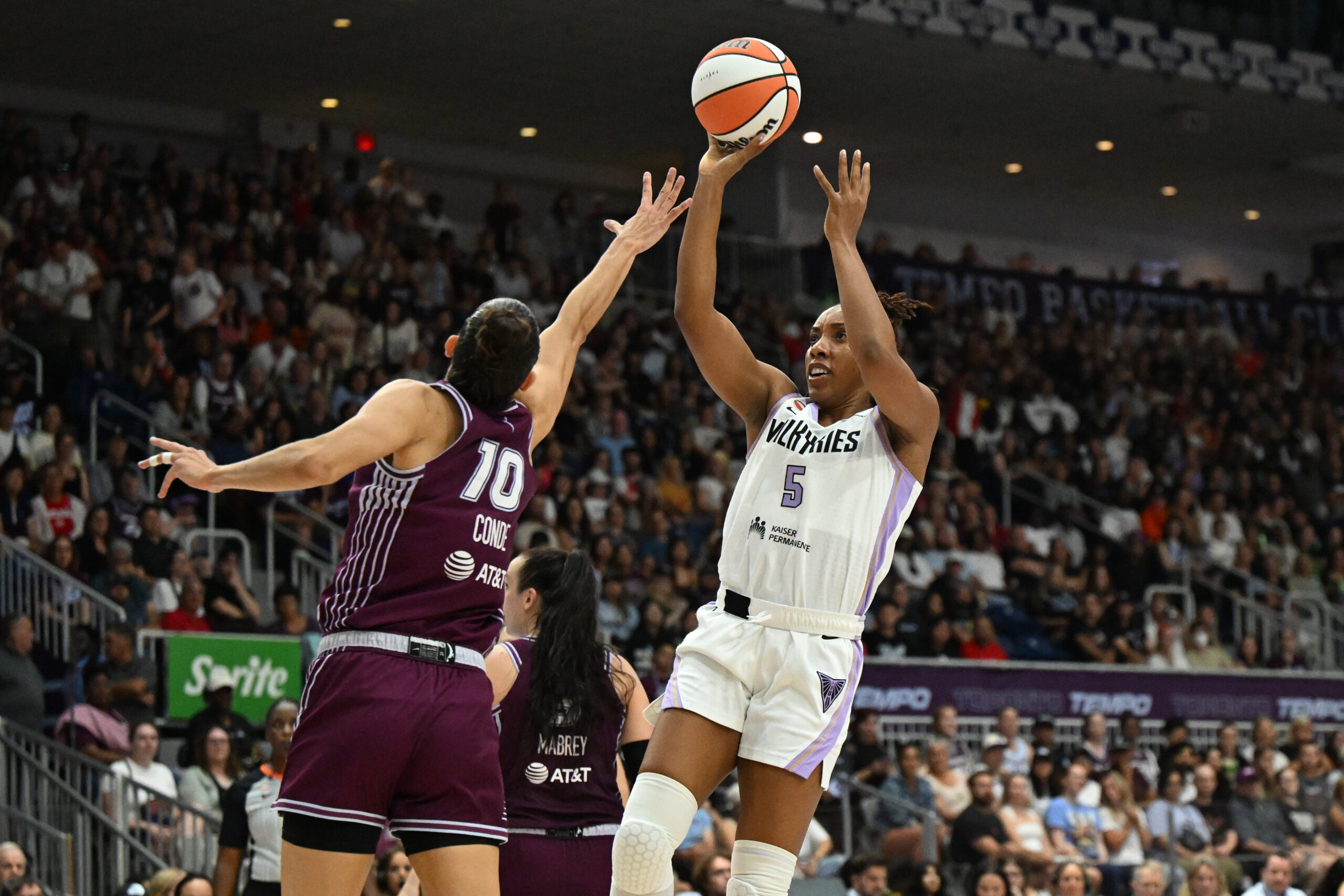 Jul 8, 2026; Toronto, Ontario, CAN;  Golden State Valkyries forward Kayla Thornton (5) shoots the ball as Toronto Tempo guard Maria Conde (10) defends in the first half at Coca-Cola Coliseum. Mandatory Credit: Dan Hamilton-Imagn Images