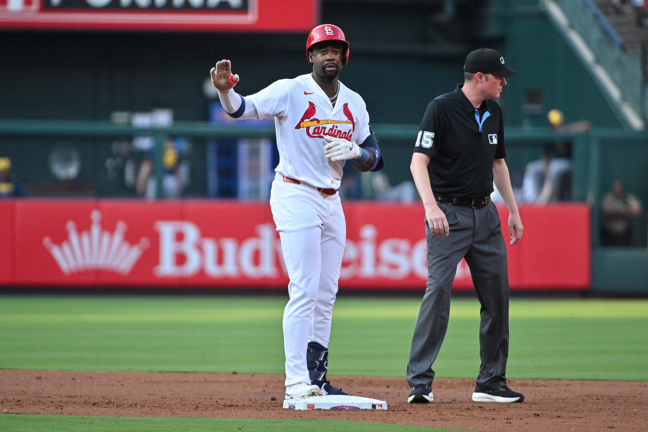 Jul 8, 2026; St. Louis, Missouri, USA; St. Louis Cardinals right fielder Jordan Walker (18) reacts after hitting a one run double against the Milwaukee Brewers during the first inning at Busch Stadium. Mandatory Credit: Jeff Curry-Imagn Images