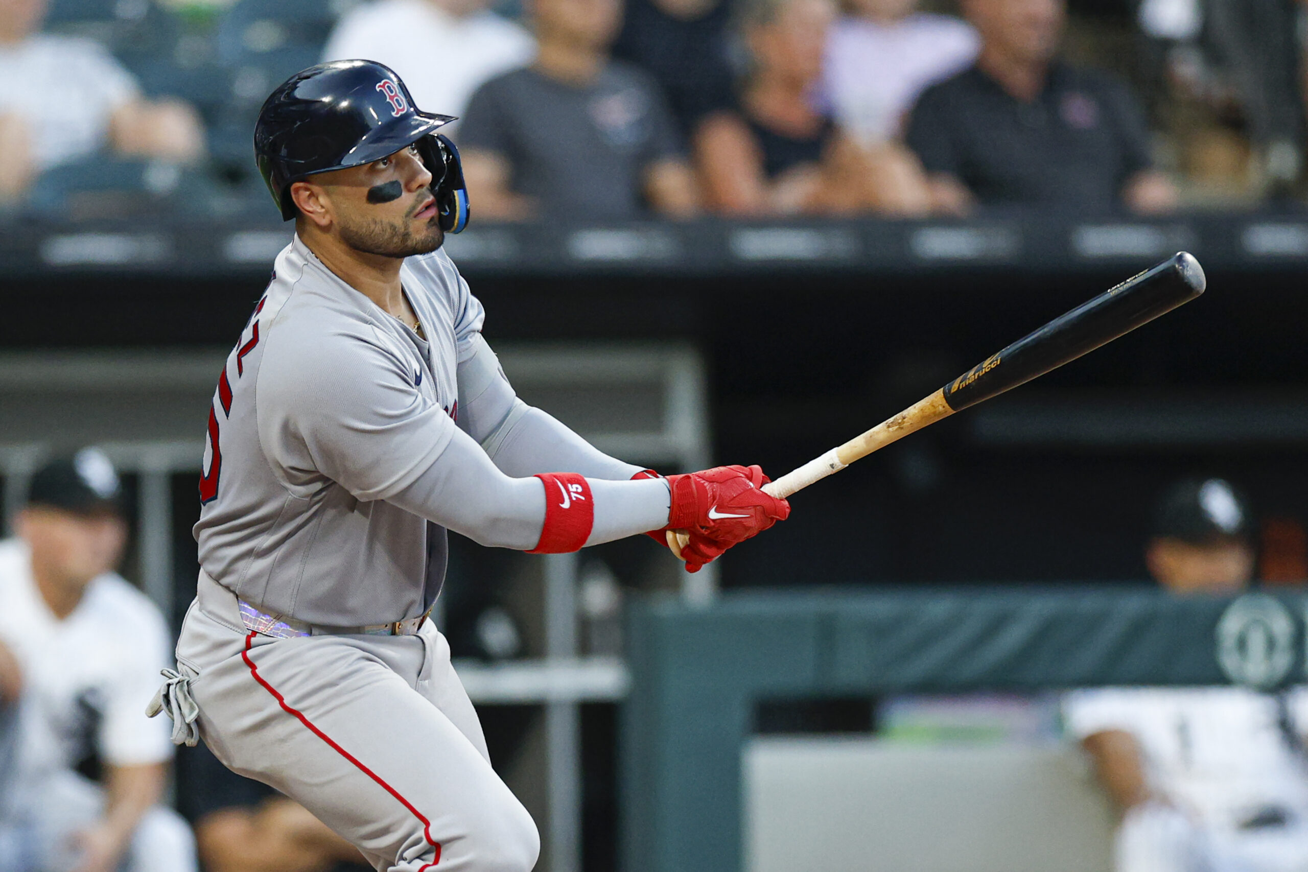 Jul 8, 2026; Chicago, Illinois, USA; Boston Red Sox catcher Carlos Narváez (75) hits an RBI-double against the Chicago White Sox during the fourth inning at Rate Field. Mandatory Credit: Kamil Krzaczynski-Imagn Images