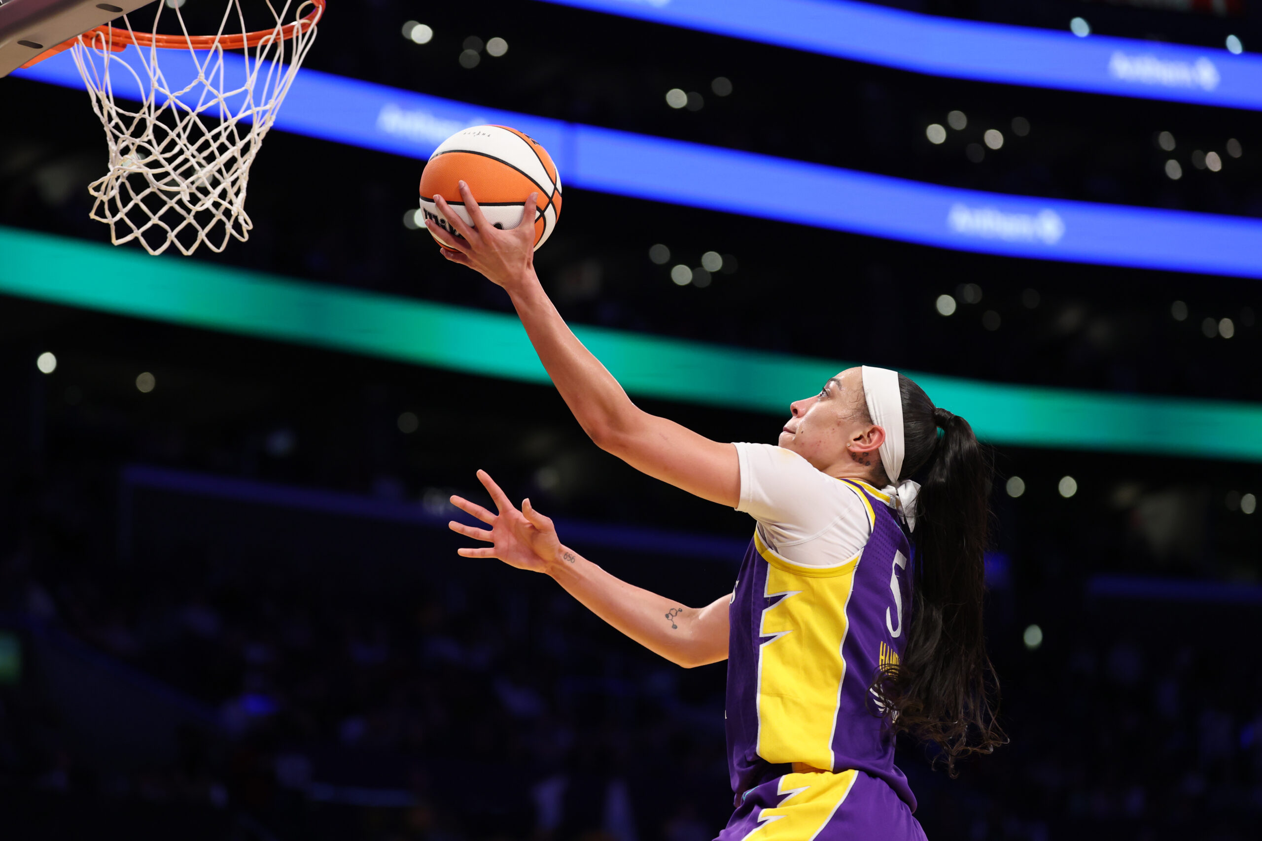 Jul 8, 2026; Los Angeles, California, USA;  Los Angeles Sparks forward Dearica Hamby (5) drives to the basket during the third quarter against the Indiana Fever at Crypto.com Arena. Mandatory Credit: Kiyoshi Mio-Imagn Images