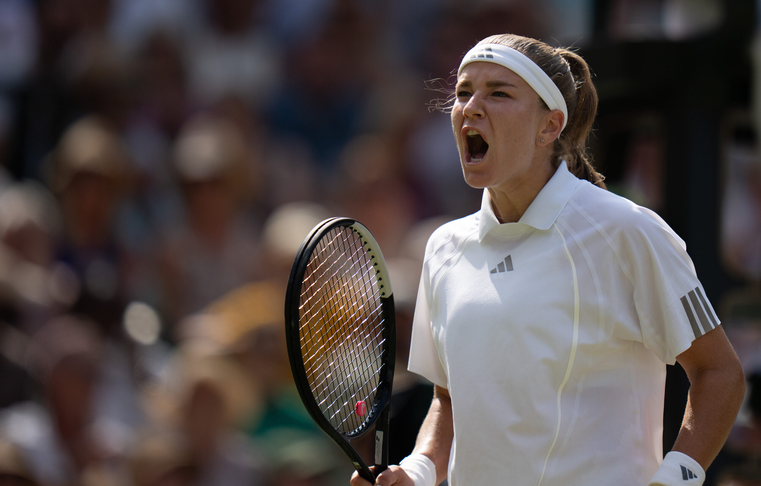 Jul 9, 2026; London, United Kingdom; Karolina Muchova of the Czech Republic reacts during her match against Coco Gauff of the United States on day 11 at All England Lawn Tennis and Croquet Club.  Mandatory Credit: Susan Mullane-Imagn Images
