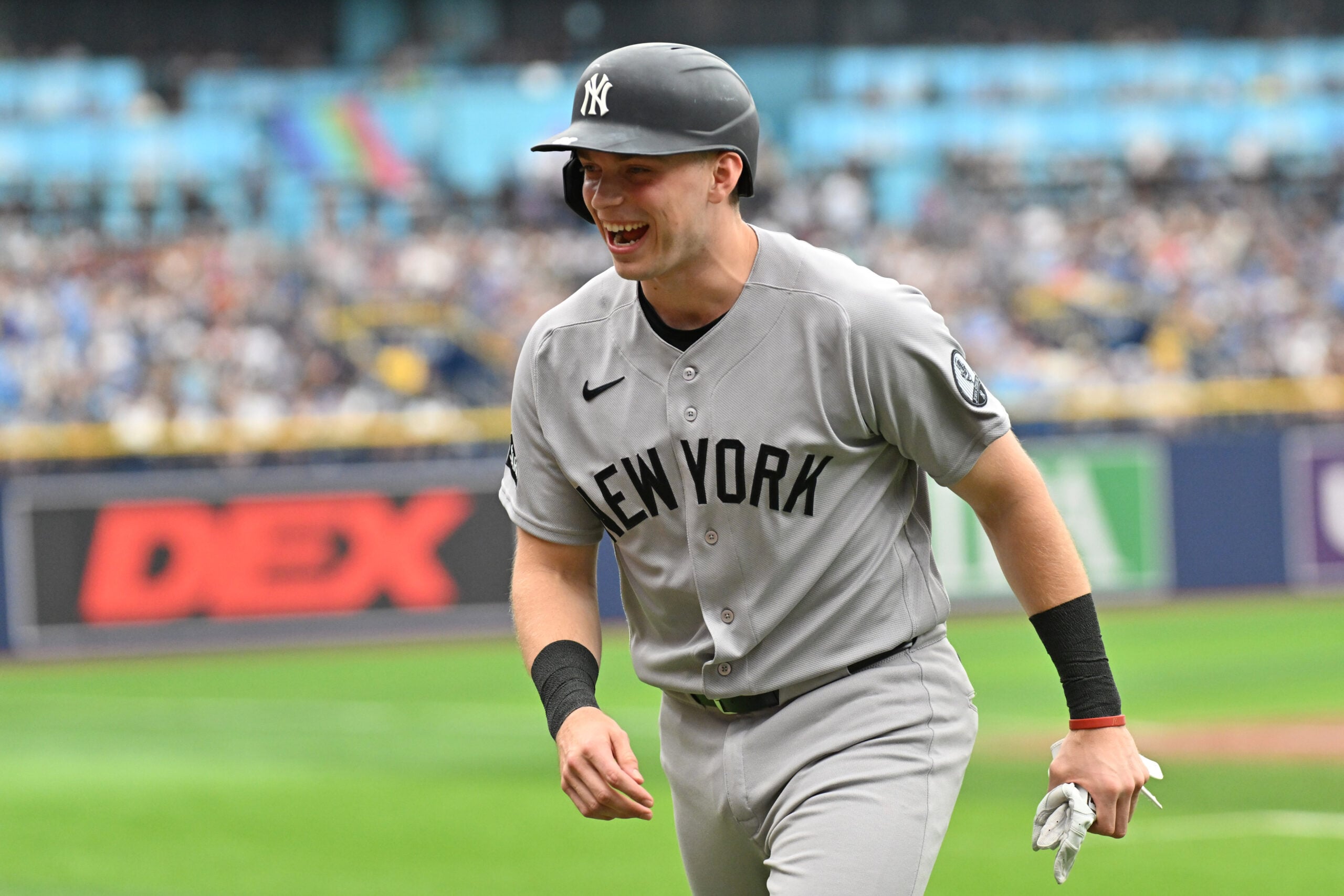 Jul 9, 2026; St. Petersburg, Florida, USA; New York Yankees designated hitter Ben Rice (22) reacts after hitting a two run home run in the third inning against the Tampa Bay Rays at Tropicana Field. Mandatory Credit: Jonathan Dyer-Imagn Images
