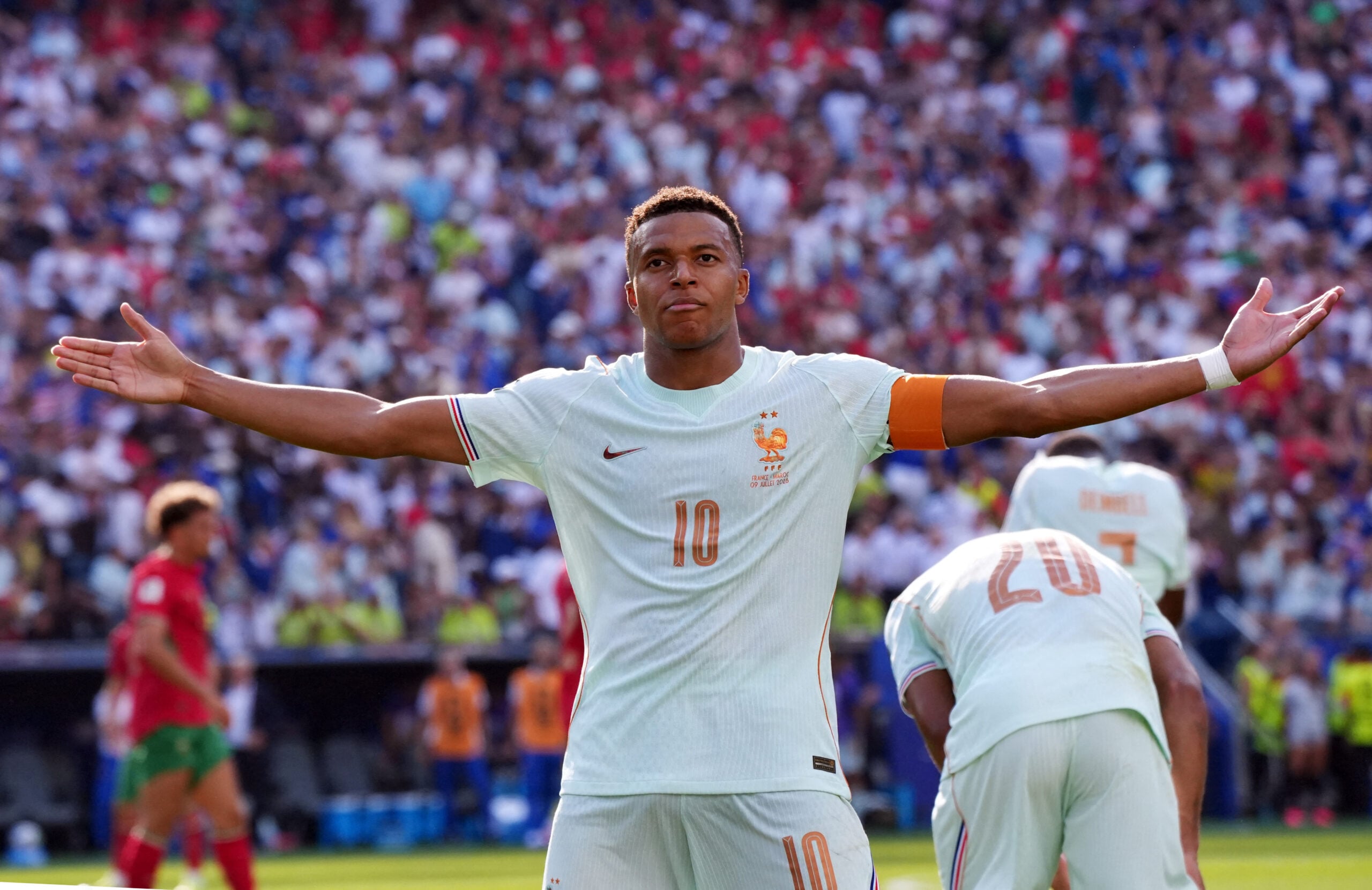 July 9, 2026; Foxborough, Massachusetts, U.S.; France's Kylian Mbappe celebrates scoring their first goal.  Mandatory Credit: David Butler Ii-Imagn Images