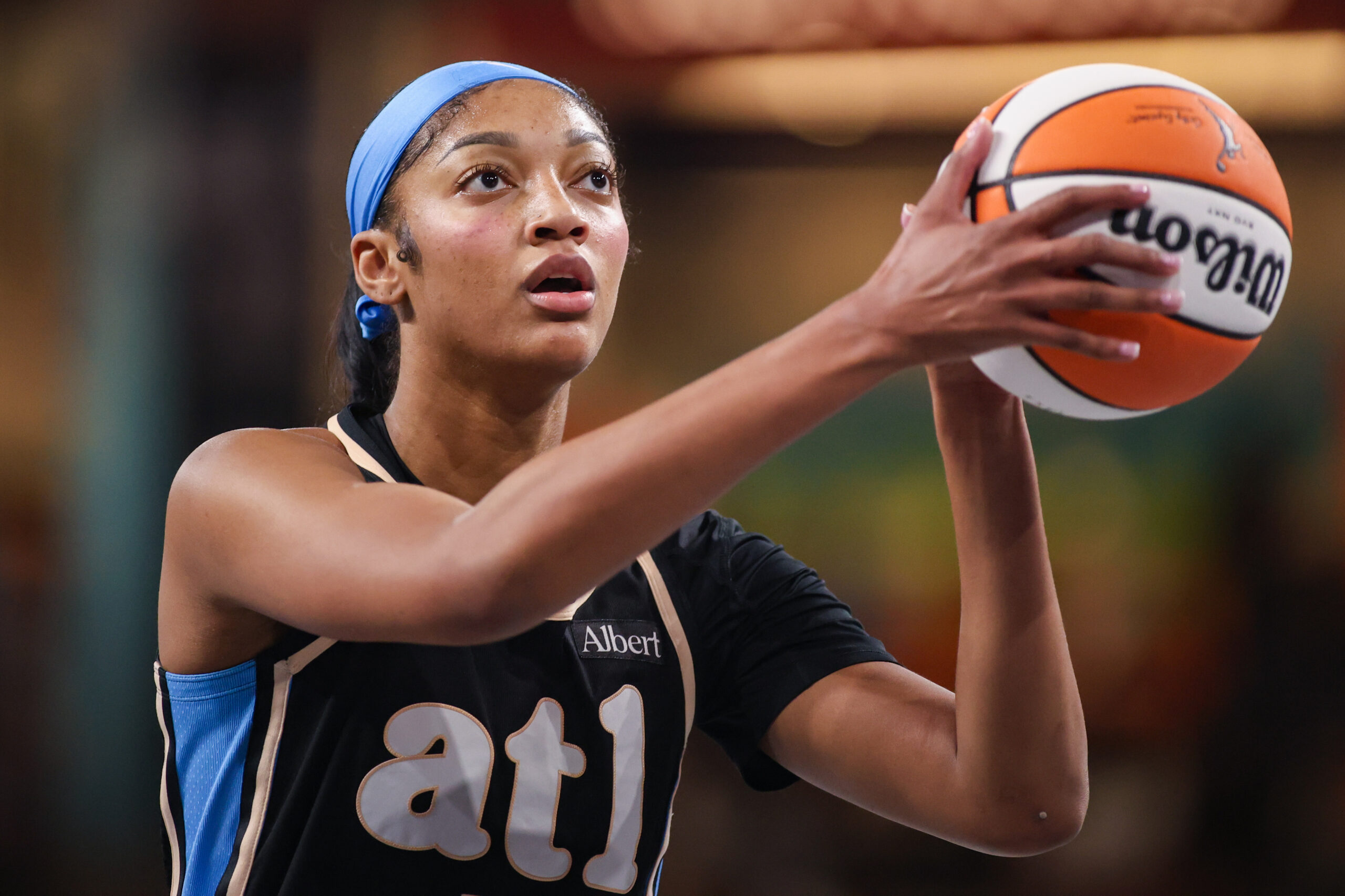 Jul 9, 2026; College Park, Georgia, USA; Atlanta Dream forward Angel Reese (5) shoots a free throw against the Seattle Storm in the first quarter at Gateway Center Arena at College Park. Mandatory Credit: Brett Davis-Imagn Images