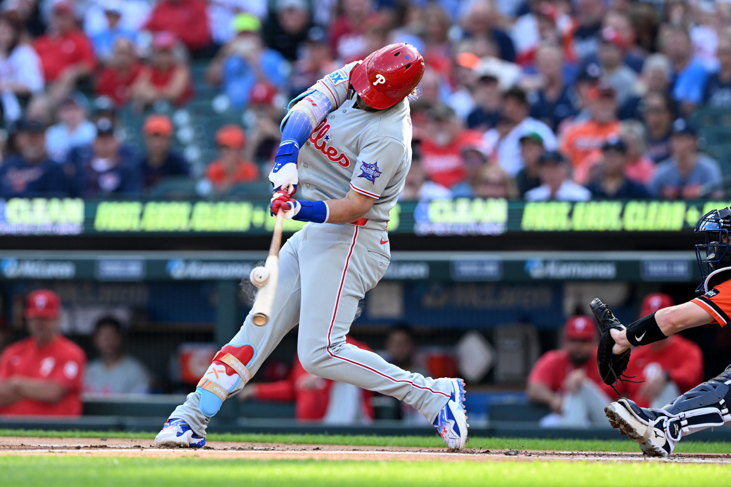 Jul 10, 2026; Detroit, Michigan, USA;  Philadelphia Phillies first baseman Bryce Harper (3) flies out to left field against the Detroit Tigers in the first inning at Comerica Park. Mandatory Credit: Lon Horwedel-Imagn Images