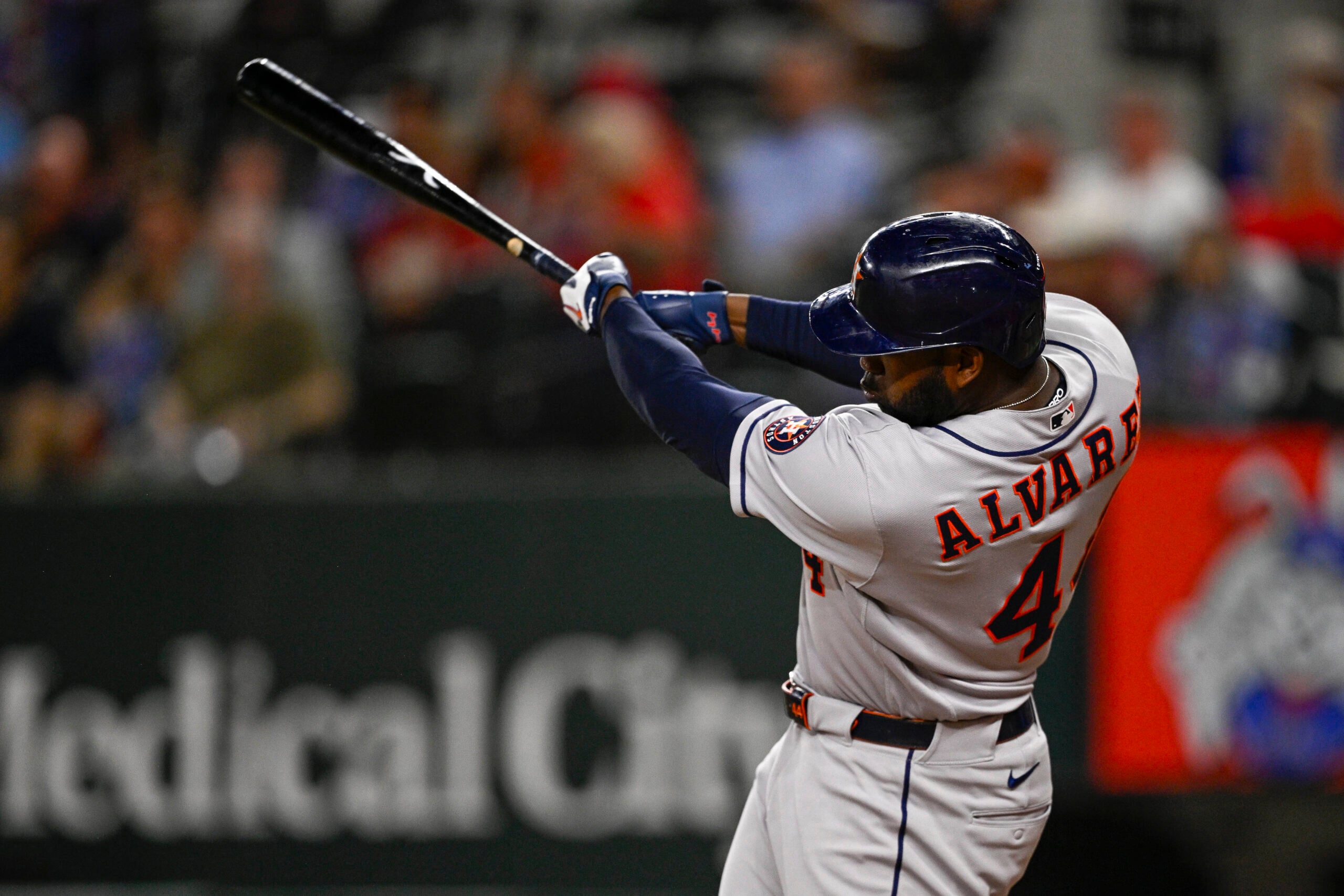 Jul 10, 2026; Arlington, Texas, USA; Houston Astros designated hitter Yordan Alvarez (44) hits a home run against the Texas Rangers during the sixth inning at Globe Life Field. Mandatory Credit: Jerome Miron-Imagn Images