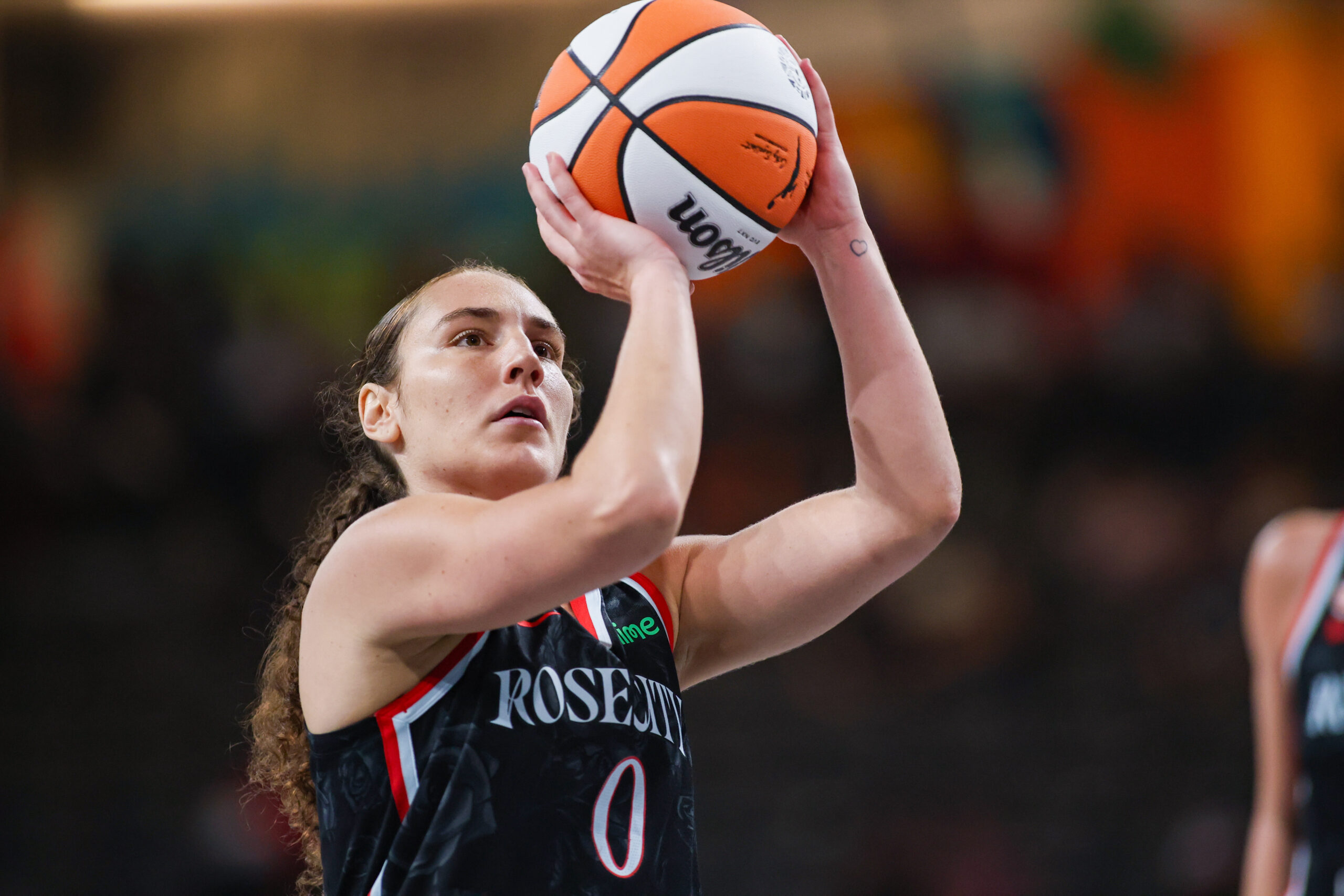 Jul 11, 2026; College Park, Georgia, USA; Portland Fire guard Carla Leite (0) shoots a free throw against the Atlanta Dream in the fourth quarter at Gateway Center Arena at College Park. Mandatory Credit: Brett Davis-Imagn Images