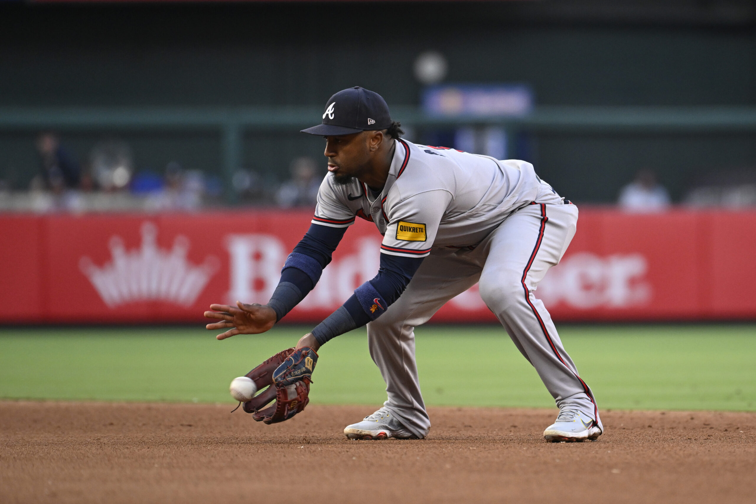Jul 11, 2026; St. Louis, Missouri, USA; Atlanta Braves second baseman Ozzie Albies (1) fields a ground ball hit by St. Louis Cardinals center fielder Nathan Church (not pictured) in the fourth inning at Busch Stadium. Mandatory Credit: Joe Puetz-Imagn Images