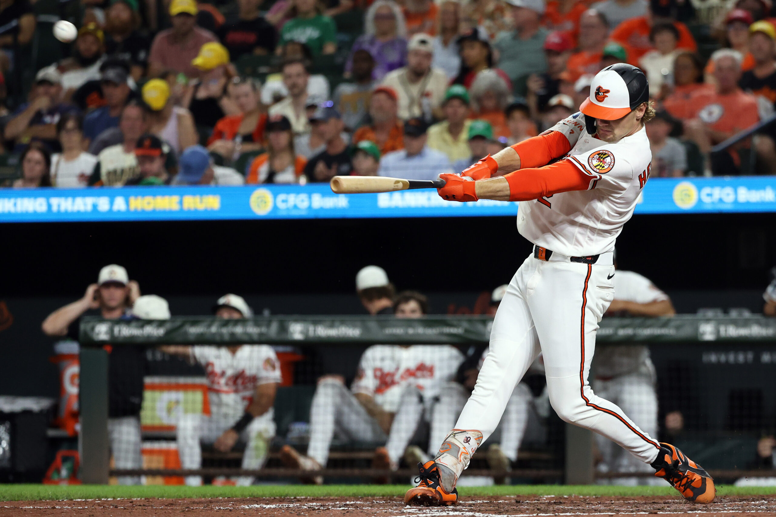 Jul 11, 2026; Baltimore, Maryland, USA; Baltimore Orioles shortstop Gunnar Henderson (2) hits a home run during the eighth inning against the Kansas City Royals at Oriole Park at Camden Yards. Mandatory Credit: Daniel Kucin Jr.-Imagn Images