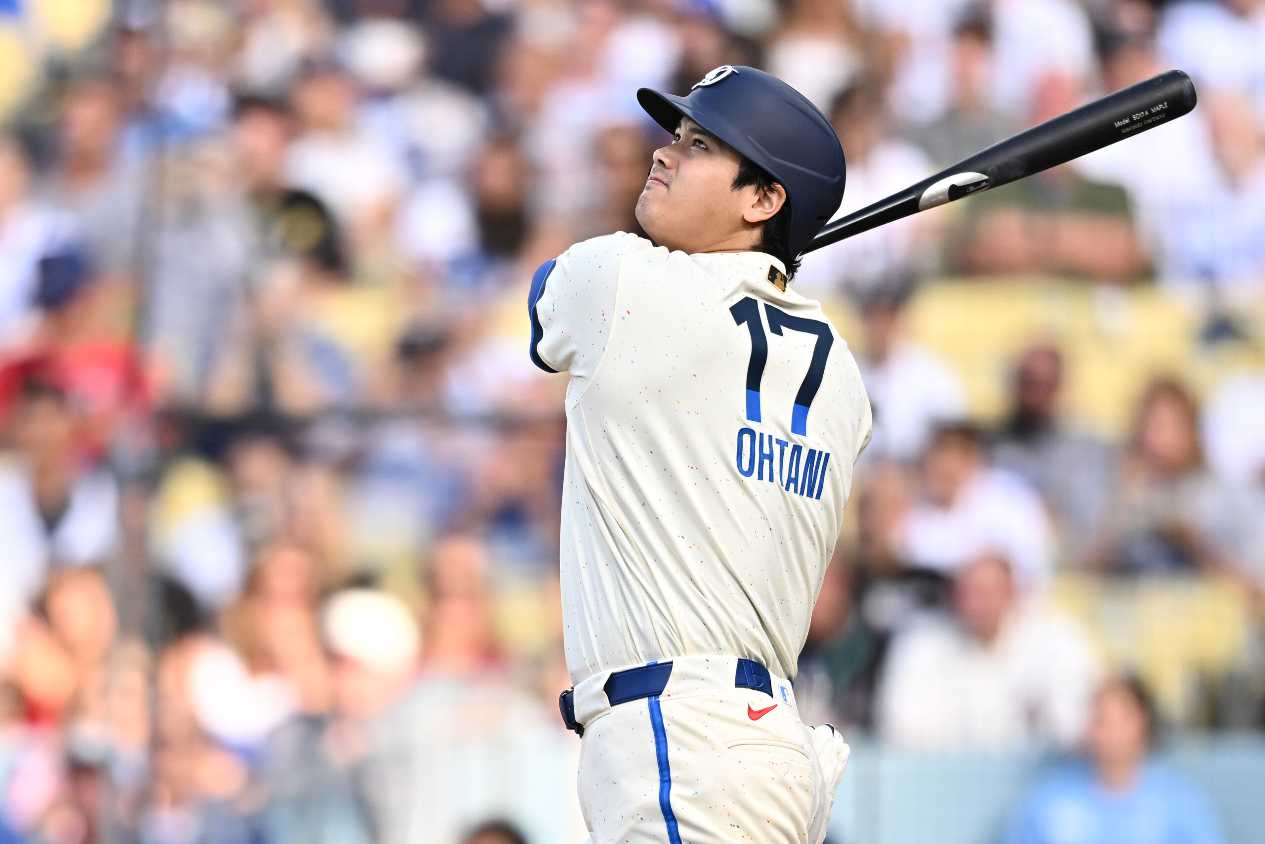Jul 11, 2026; Los Angeles, California, USA; Los Angeles Dodgers designated hitter Shohei Ohtani (17) flies out during the first inning against the Arizona Diamondbacks at Dodger Stadium. Mandatory Credit: William Liang-Imagn Images