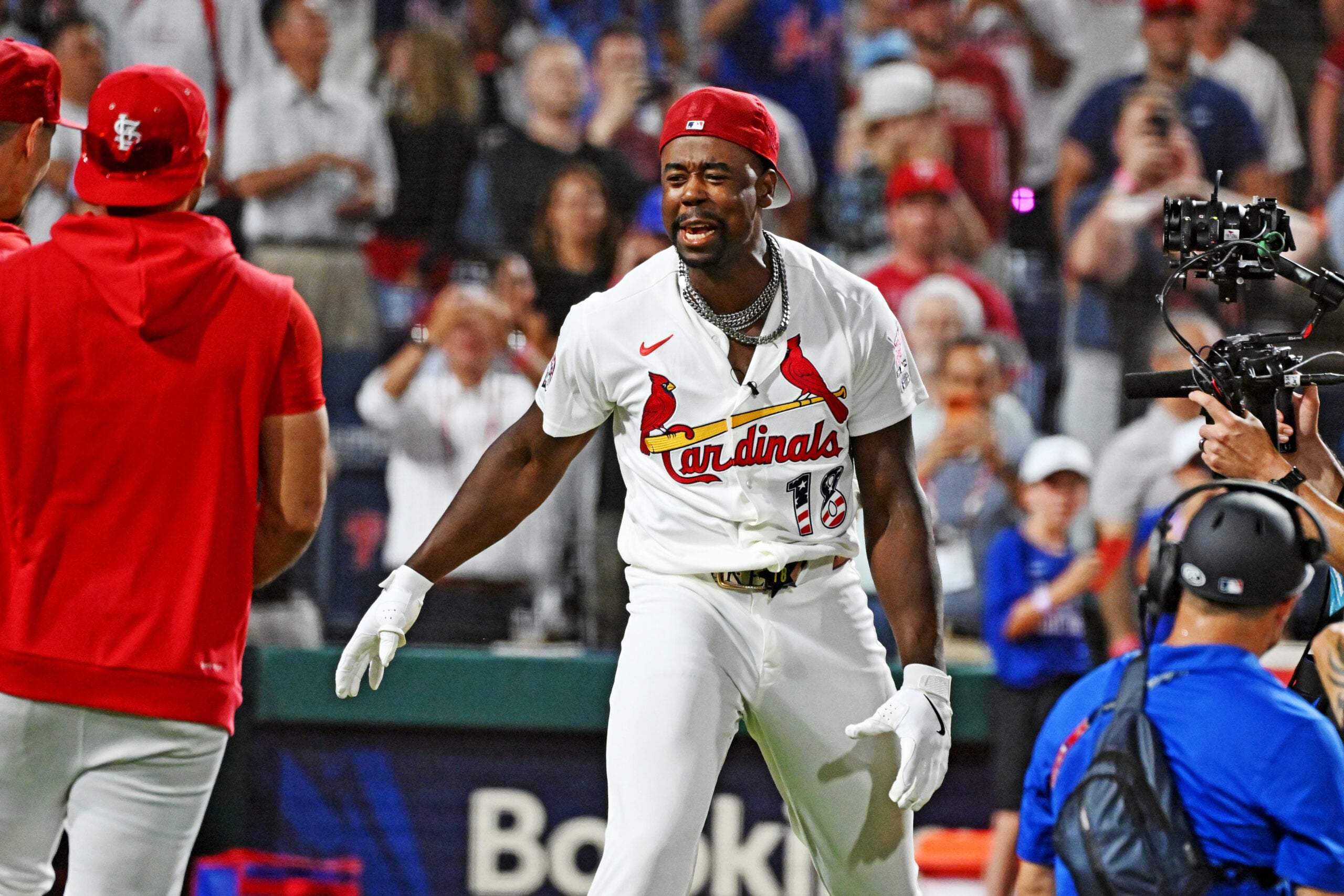 Jul 13, 2026; Philadelphia, PA, USA; St. Louis Cardinals right fielder Jordan Walker (18) celebrates after winning the home run derby at Citizens Bank Park. Mandatory Credit: Eric Hartline-Imagn Images