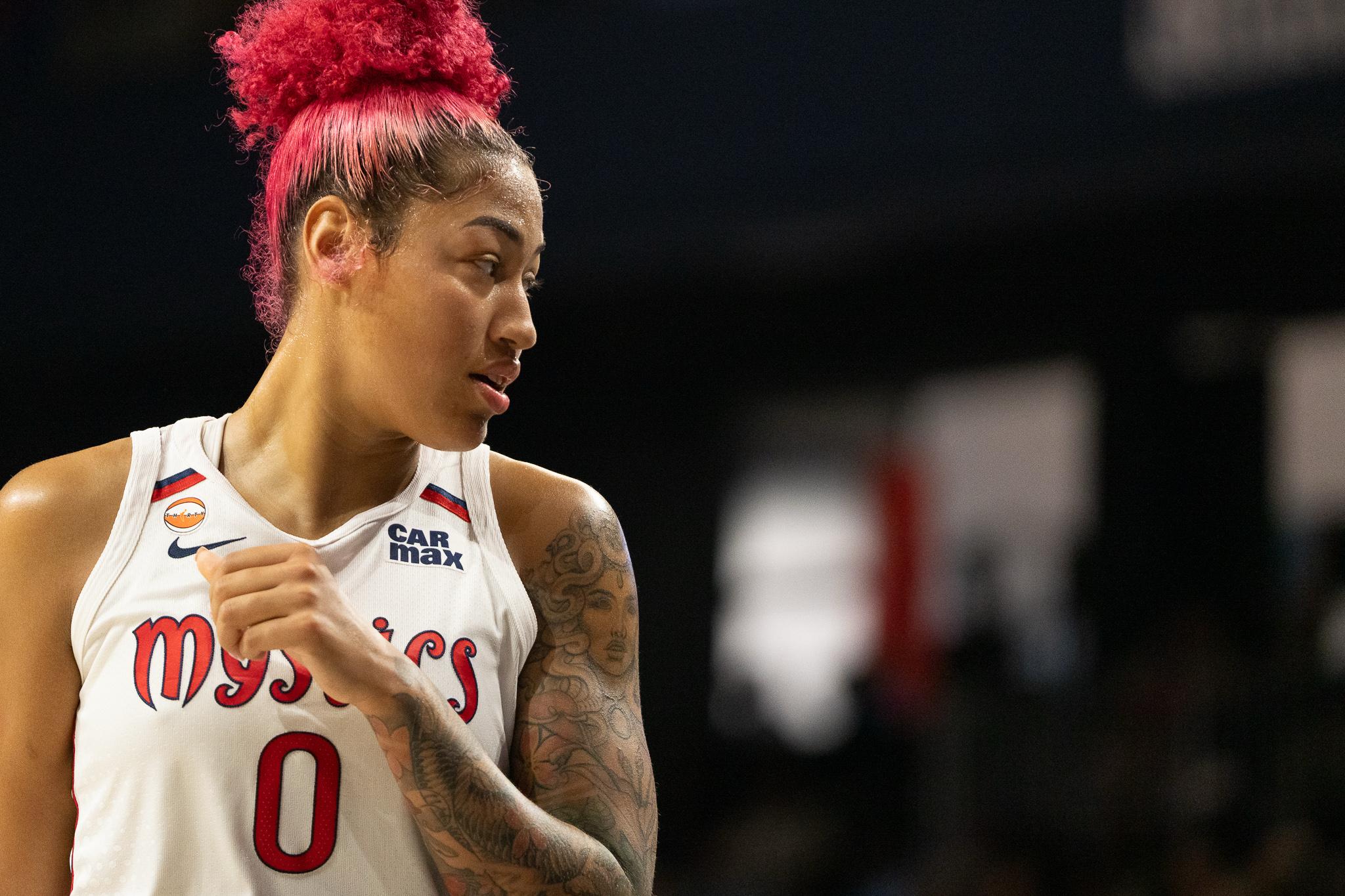 Jul 12, 2026; Washington, District of Columbia, USA; Washington Mystics center Shakira Austin (0) looks on against the Seattle Storm during the third quarter at CareFirst Arena. Mandatory Credit: Jamie LeBlanc-Imagn Images